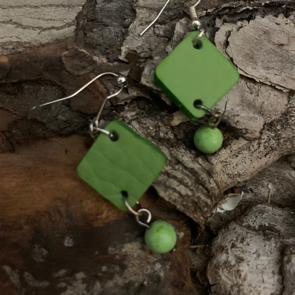 Green Handcrafted Leather Earrings  Silver Hooks